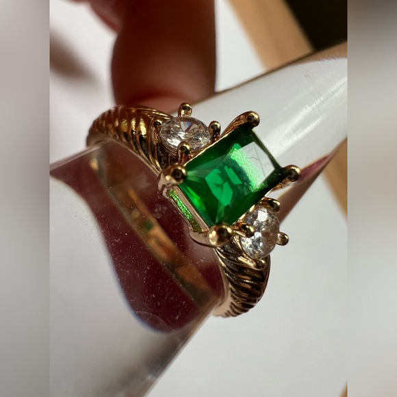 Emerald Cut Green 3-Stone Ring - Size 7, Gold Tone - Picture 12 of 15